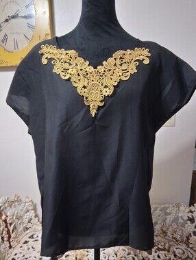 Black Short-Sleeve Blouse with Gold Lace V-Appliqué